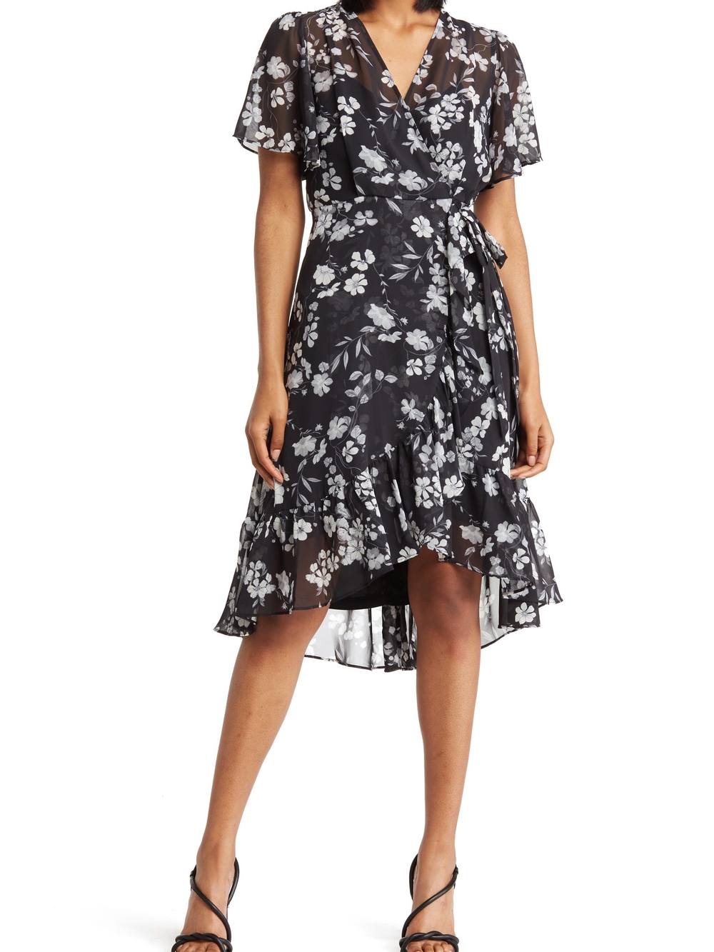 Calvin Klein Black Wrap Dress with White Floral Print